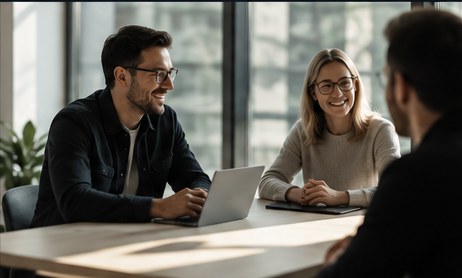 Two people working through a problem together at a laptop